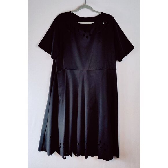 Black Knit Dress Laser Cut Eyelet Floral Pattern Cottage Core Party All Seasons - Picture 9 of 10